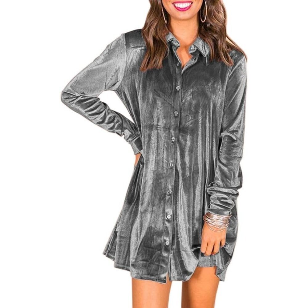 Women's Grey Velvet Button Down T Shirts Swing Mini Dress Casual Long